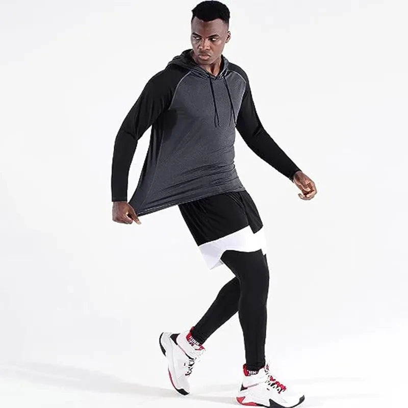 Running T Shirt Men Sportswear Long Sleeve T-shirt Hooded Gym Fitness Jersey Training Workout Clothing Muscle Sport Shirts Men